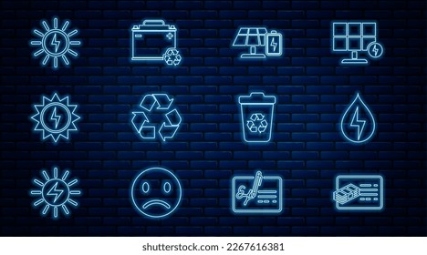 Set line Financial document, Water energy, Solar panel and battery, Recycle symbol, bin with recycle and Car icon. Vector