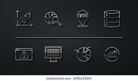 Set line Financial growth, Browser with exclamation mark, Server, Pie chart infographic, Binary code, Search globe,  and Data analysis icon. Vector