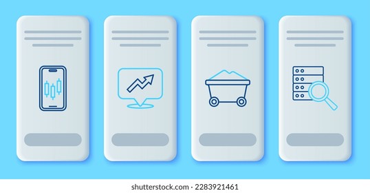 Set line Financial growth, Coal mine trolley, Mobile stock trading and Server icon. Vector