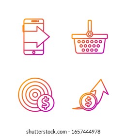 Set line Financial growth and coin, Target with dollar symbol, Smartphone, mobile phone and Shopping basket. Gradient color icons. Vector
