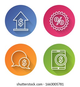 Fije la línea Crecimiento financiero y moneda, el porcentaje de descuento, la burbuja del habla con el dólar y la tableta con el dólar. Botón de círculo de color. Vector