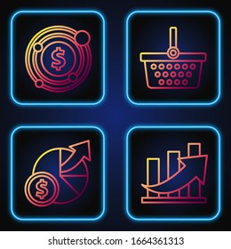 Set line Financial growth and coin, Money and diagram graph, Target with dollar symbol and Shopping basket. Gradient color icons. Vector