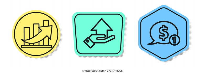 Set line Financial growth and coin, Money on hand and Speech bubble with dollar. Colored shapes. Vector