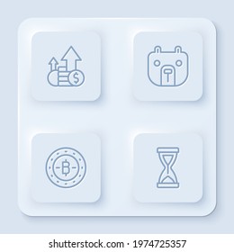 Set line Financial growth and coin, Bear market, Bitcoin and Old hourglass. White square button. Vector
