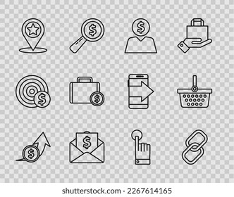 Set line Financial growth and coin, Chain link, Business man planning mind, Envelope with dollar, Map pointer star, Briefcase money, Hand touch tap gesture and Shopping basket icon. Vector