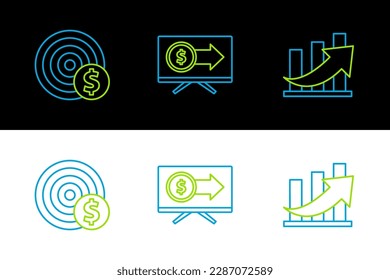 Set line Financial growth and coin, Target with dollar symbol and Monitor icon. Vector