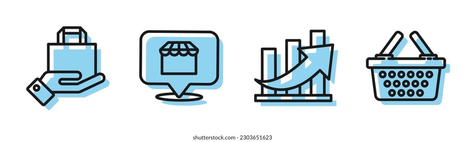 Set line Financial growth and coin, Hand and paper shopping bag, Online shopping concept and Shopping basket icon. Vector