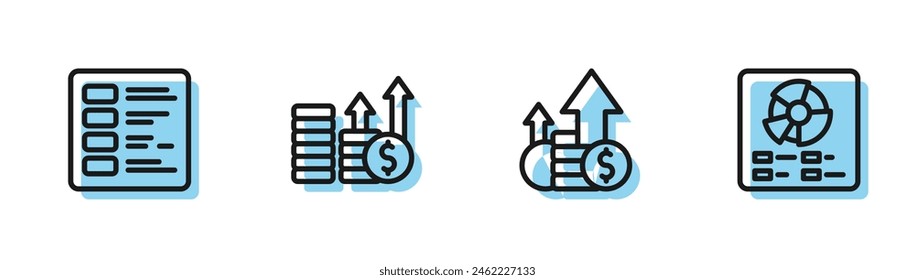 Set line Financial growth and coin, Business finance report, dollar and Pie chart infographic icon. Vector