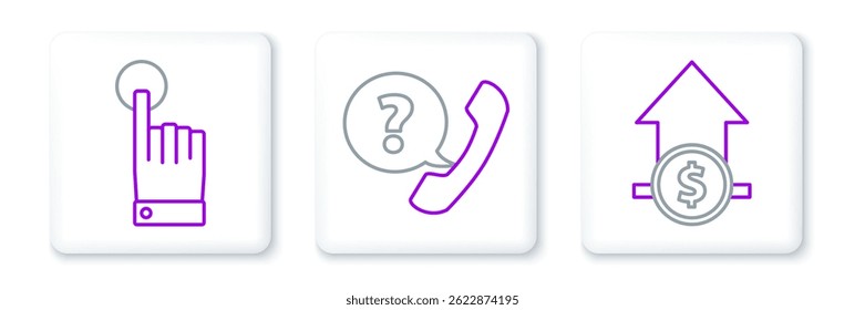 Set line Financial growth and coin, Hand touch tap gesture and Telephone handset speech bubble chat icon. Vector