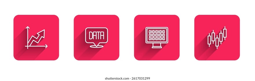 Set line Financial growth, Data analysis, Binary code and Browser with stocks market with long shadow. Red square button. Vector
