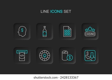 Set line Financial growth decrease, Casino chip with dollar, chips, Automated teller machine and money, signboard, Lottery ticket, Bottle of wine and Lucky player icon. Vector