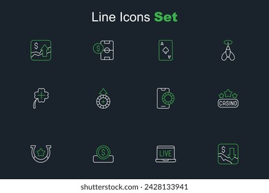 Set line Financial growth decrease, Online poker table game, Coin money with dollar, Horseshoe, Casino signboard, sports betting, chips and slot machine clover icon. Vector