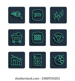 Set line Financial growth decrease, Calculator, Pie chart infographic, Browser with stocks market, Binary code, Coal mine trolley, Search data analysis and Sales funnel icon. Vector