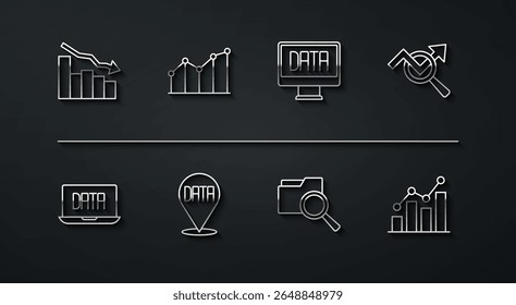 Set line Financial growth decrease, Data analysis, Search data, with folder, Pie chart infographic,  and  icon. Vector