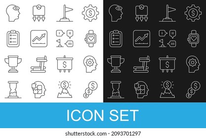 Set line Financial growth and dollar, Human head with gear inside, Smart watch, Flag, increase, To list or planning, Man third eye and Planning strategy icon. Vector