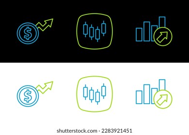 Set line Financial growth, dollar and Browser with stocks market icon. Vector