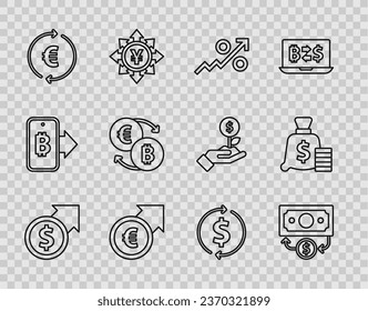 Set line Financial growth and dollar, Stacks paper money cash, Percent up arrow, euro, Coin with symbol, Cryptocurrency exchange,  and Money bag icon. Vector