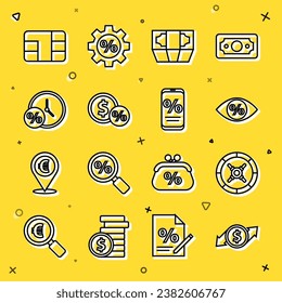 Set line Financial growth and dollar, Safe, Eye with percent, Stacks paper money cash, Money coin, Clock, Credit card chip and Percent discount mobile icon. Vector