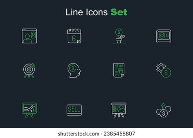 Set line Financial growth dollar, Board with graph, Sell button, Monitor chart, Gear symbol, News, Business man planning mind and Target financial goal icon. Vector