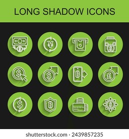 Set line Financial growth and dollar, Shield with bitcoin, Stacks paper money cash, Credit card, Dollar, share, network, pound and Mining from mobile icon. Vector