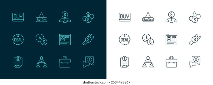 Set line Financial growth dollar, Employee hierarchy, Resume, Briefcase, Time is money, Hierarchy with, Buy button and From 9 5 job icon. Vector