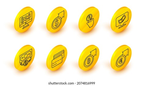 Set line Financial growth and euro, bitcoin, Credit card, Stacks paper money cash, Hand holding, dollar and Cryptocurrency exchange icon. Vector