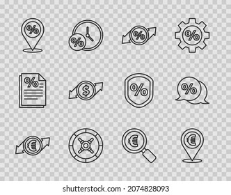 Set Line Financial Growth And Euro Coin, Cash Location, Discount Percent Tag, Safe, Location With Discount, Dollar, Magnifying Glass And  Icon. Vector