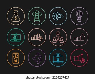 Set line Financial growth, Gear with dollar, Startup project concept, Money bag, Project team base and Stair finish flag icon. Vector