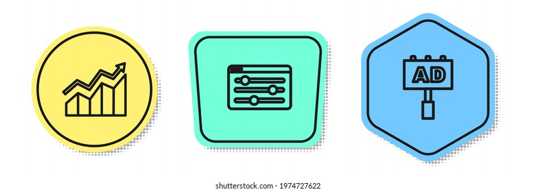 Set line Financial growth increase, Browser setting and Advertising. Colored shapes. Vector