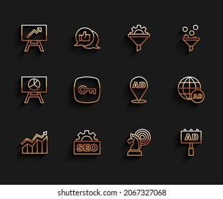 Set line Financial growth increase, SEO optimization, Board with graph chart, Chess, Advertising, Key,  and  icon. Vector