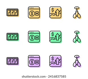 Línea Aumento del crecimiento financiero, Máquina de ranura con jackpot, juego de mesa de póquer en línea e icono de flecha Dart. Vector