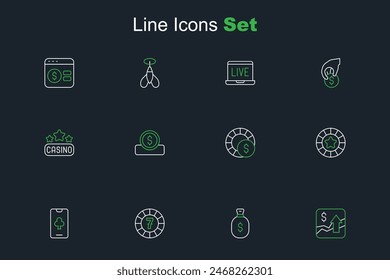 Aumento del crecimiento financiero, bolsa de dinero, fichas de casino, juego de mesa de póquer en línea, moneda de dinero con el dólar y el icono de cartel. Vector