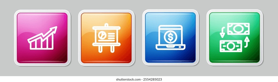 Set line Financial growth increase, Chalkboard with diagram, Laptop dollar and Money exchange. Colorful square button. Vector