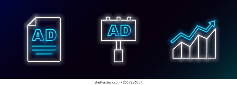 Set line Financial growth increase, Advertising and  icon. Glowing neon. Vector