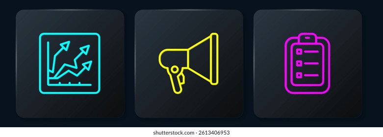 Set line Financial growth increase, To do list or planning and Megaphone. Black square button. Vector