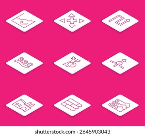 Set line Financial growth increase, Many ways directional arrow, Arrow, Location, Factory and Pie chart infographic icon. Vector
