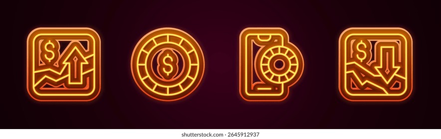 Set line Aumento do crescimento financeiro, chip Casino com dólar, apostas esportivas on-line e diminuir. Ícone de néon brilhante. Vetor