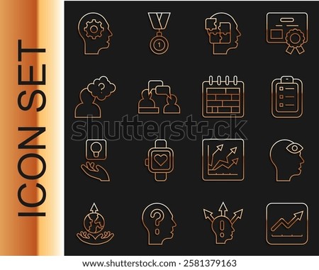 Set line Financial growth increase, Man with third eye, To do list or planning, Head puzzles strategy, Two sitting men talking, question mark, Human head gear inside and Calendar icon. Vector