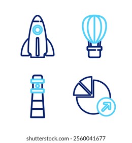 Set line Financial growth, Lighthouse, Hot air balloon and Startup project concept icon. Vector