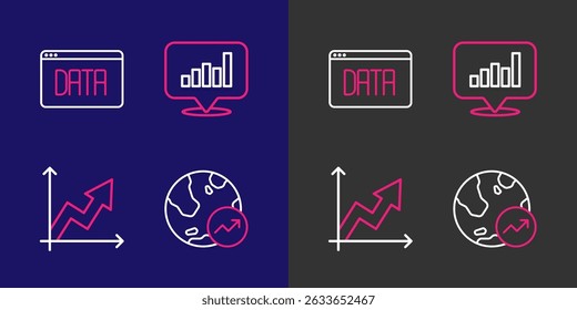 Set line Financial growth, Pie chart infographic and Data analysis icon. Vector