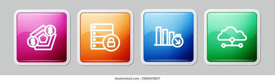 Set line Financial growth, Server security with padlock, decrease and Network cloud connection. Colorful square button. Vector