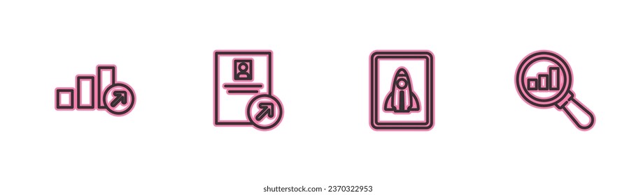 Set line Financial growth, Startup project concept, Job promotion and Magnifying glass and analysis icon. Vector