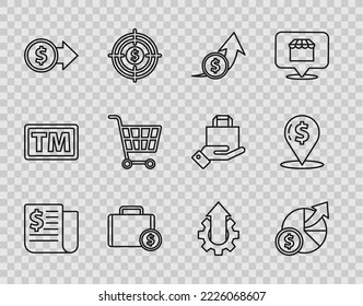 Set line Financial news, Money and diagram graph, growth coin, Briefcase money, Coin with dollar symbol, Shopping cart, Arrow gear business and Cash location icon. Vector