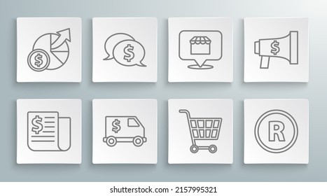 Set line Financial news, Speech bubble with dollar, Armored truck, Shopping cart, Registered Trademark, Online shopping concept, Megaphone and and Money diagram graph icon. Vector