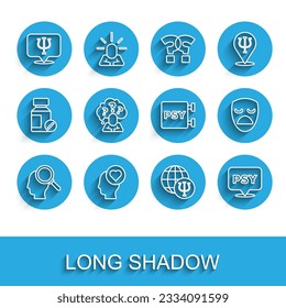 Set line Finding a problem, Broken heart or divorce, Psychology, Psi, Head with question mark, Drama theatrical mask and  icon. Vector