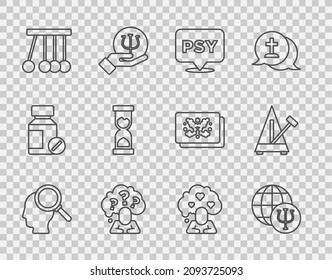 Set line Finding a problem, Psychology, Psi, Head with question mark, Pendulum, Old hourglass, Broken heart or divorce and Metronome pendulum icon. Vector