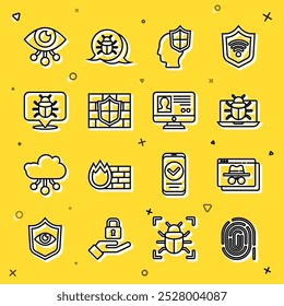 Set line Fingerprint, Browser incognito window, System bug on monitor, Head with shield, Shield brick wall, Eye scan and Create account screen icon. Vector