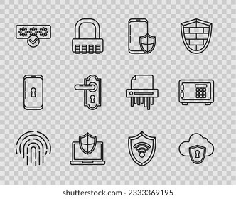Set line Fingerprint, Cloud and shield, Smartphone with security, Laptop protected, Password protection safety access, Door handle, Shield WiFi wireless internet network and Safe icon. Vector