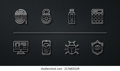 Fijar la huella dactilar de la línea, Crear pantalla de cuenta, Protección de contraseña, Error del sistema, Smartphone, Bloqueo combinado de seguridad, Escudo y ojos e icono de unidad flash USB. Vector