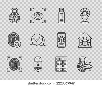 Fijar la huella dactilar de la línea, seguridad cibernética, unidad flash USB, bloqueo de combinación segura, marca de verificación de la burbuja de voz, protección de contraseña e icono de error del sistema residencial. Vector